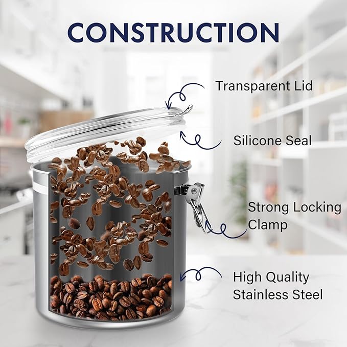 ENLOY 165oz Stainless Steel Airtight Canister for Kitchen, Large Flour Coffee Bean Tea Cereal Sugar Cookie Metal Food Storage Canisters with Clear Lid and Sturdy Locking Clamp (7.7 * 7.7 * 8.4in)
