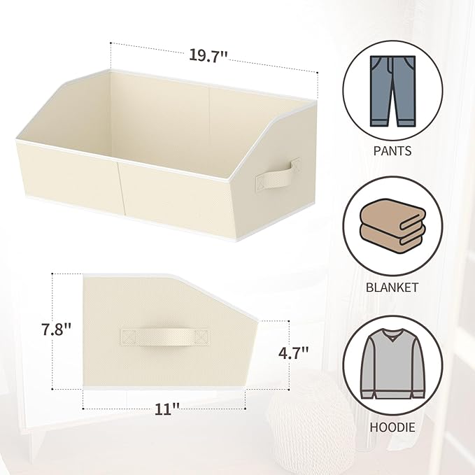 Storage Bins for Shelves - Large Trapezoid Closet Shelf Organizer, Fabric Organization Bins with Handles, Storage Baskets for Clothes, Towel, Purse, 6 Pack, Beige