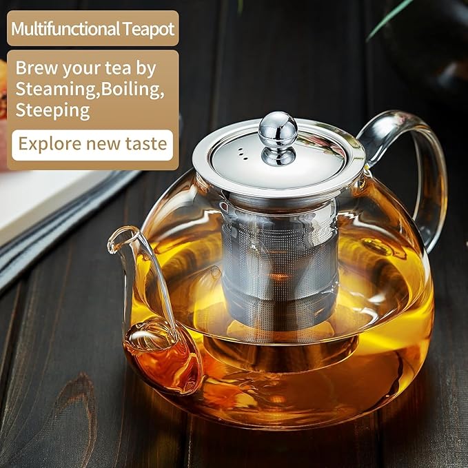 60OZ (1800ML) Glass Teapot with Infuser Stovetop Safe, Clear Glass Tea Pot Kettle, Borosilicate Tea Pot with Infusers Filter for Loose Tea, Tea Kettle Dishwasher Safe