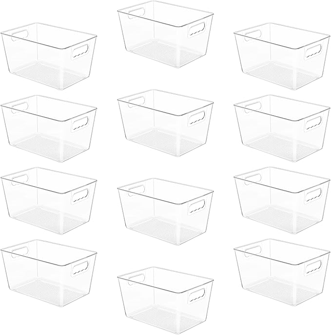 YIHONG 12 Pack Clear Pantry Organizer Bins, Plastic Containers with Handle for Kitchen,Freezer,Cabinet,Closet,Bathroom Under Sink Storage