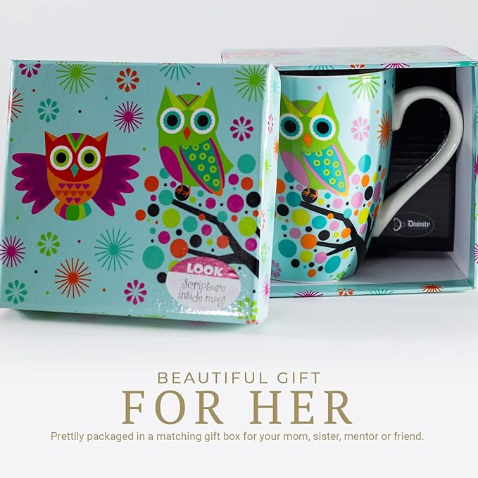 Divinity Boutique Owl Mug - Inspirational Ceramic Coffee Mug with Scripture for Women, Mom, Friends, Owl Lovers that is Colorful and Dishwasher Safe