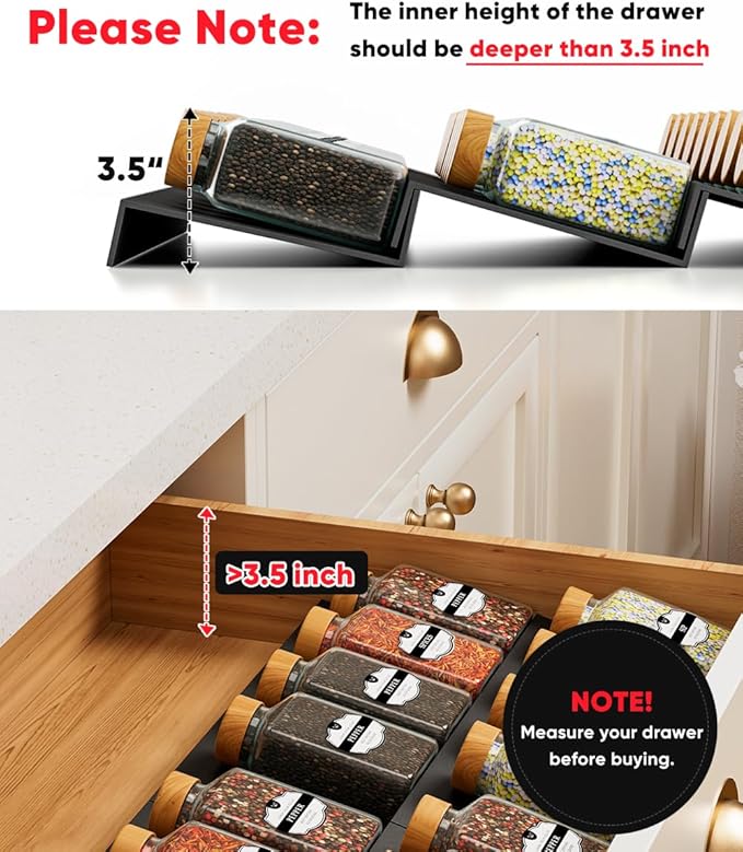 Artibear Expandable Spice Rack Drawer Organizer for Kitchen Cabinets, Set of 6, ABS
