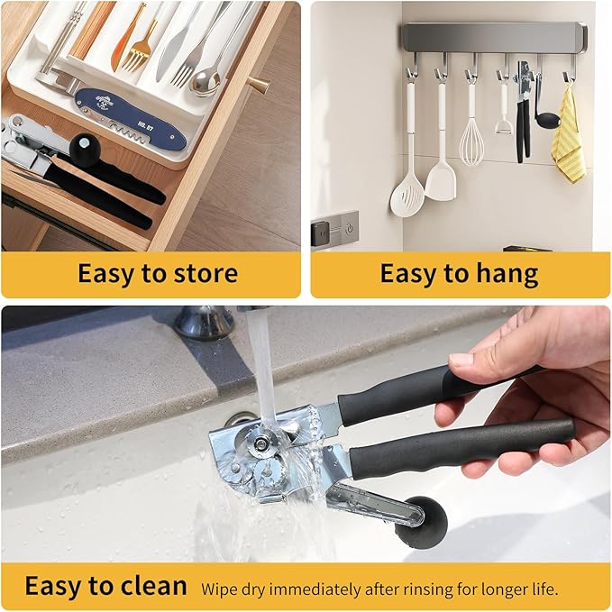 Manual Can Opener, Heavy Duty Power Can Opener with Soft Touch Handle, Sharp Blade, Smooth Edge, Can Opener with Multi-Purpose Bottle Opener, Get a Bottle Opener, Black