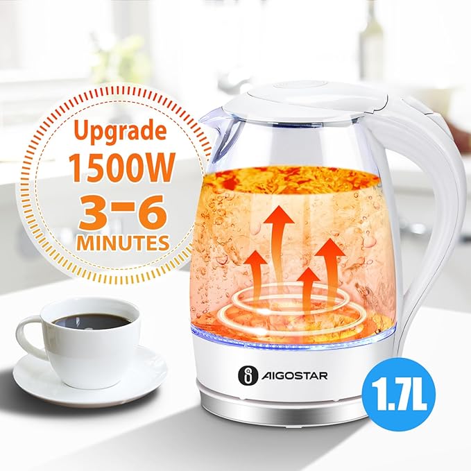Aigostar Electric Kettle, 1500W Glass Electric Tea Kettle Rapid Heating, Borosilicate Glass, Auto Shutoff and Boil-Dry Protection, Hot Water Boiler BPA Free and Cordless with LED Indicator, 1.7 Liter