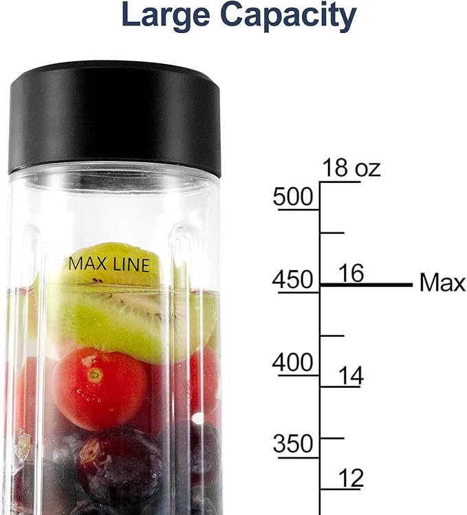 COKUNST Portable, 18 oz Personal for Smoothies and Shakes, USB Rechargeable Small with Powerful 6 Blades, Mini Single Cup with Extra Lid for Travel Gym Kitchen - Black