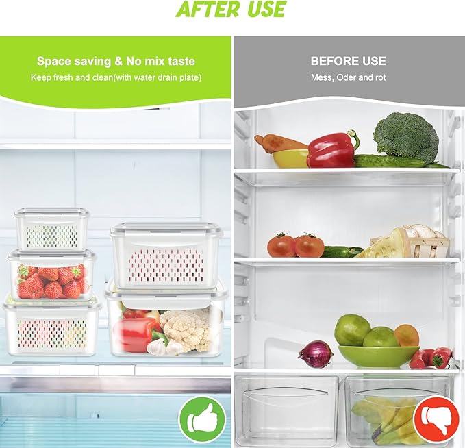 5 PCS Fridge Food Storage Container with Colander, Plastic Fresh Produce Saver Keeper for Vegetable Fruit Berry Salad Lettuce Meat Fish, BPA Free Kitchen Refrigerator Organizer Bins (6.2L-0.8L)