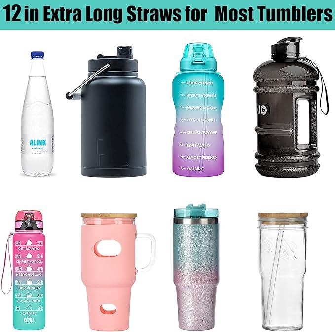 [DISHWASHER SAFE] 6 Pack Black Replacement Straws for Stanley 40 oz 30 oz Cup Tumbler, 12 inch Long Reusable Plastic Straws with Brush for Stanley, Owala, Yeti Tumbler, BPA FREE