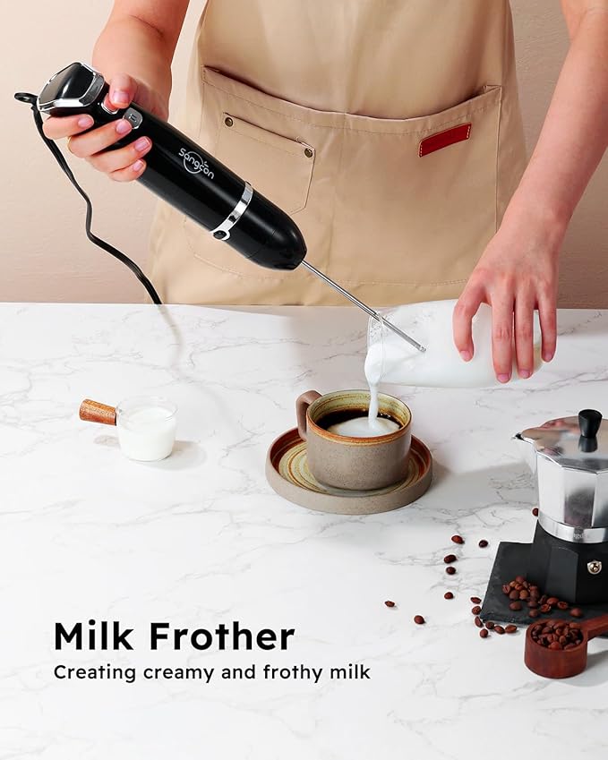 Sangcon Immersion Blender Handheld, 3-in-1 Hand Blender Electric, 400W Handheld Blender, Stainless Steel Blade Stick Mixer with Whisk, Milk Frother Attachments - Black