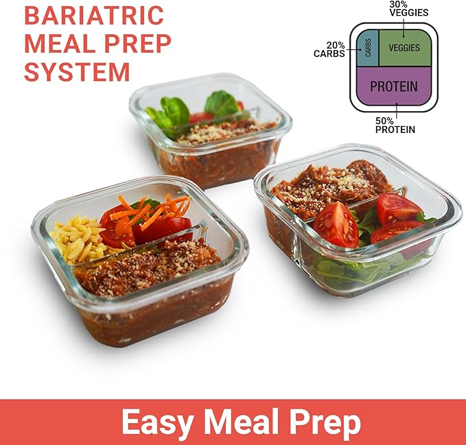 Portion Control Containers for Bariatric Meals – 8 oz Glass Meal Prep Containers with Two 4 oz Compartments and Lids (3 Pack), Reusable Bento Lunch Boxes