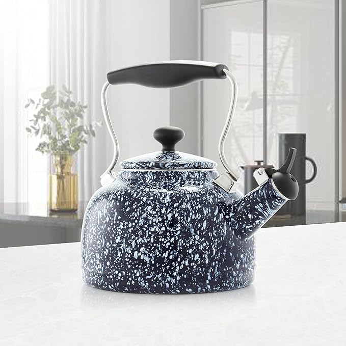 Chantal Tea Kettle, Vintage Series, Enamel on Steel, Whistling (White Splatter on Blue)