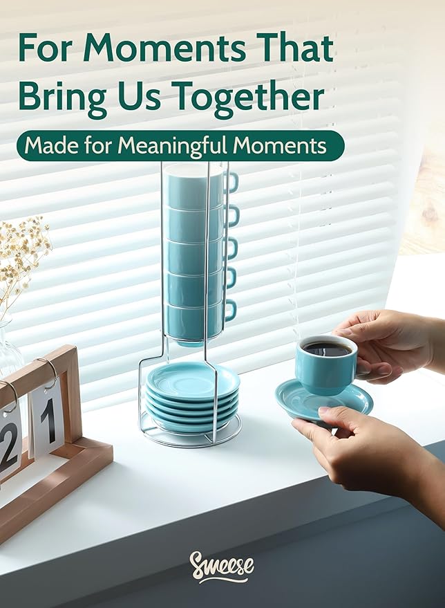 Sweese 2.5 Ounce Porcelain Stackable Espresso Cups with Saucers and Metal Stand Set of 4, Turquoise