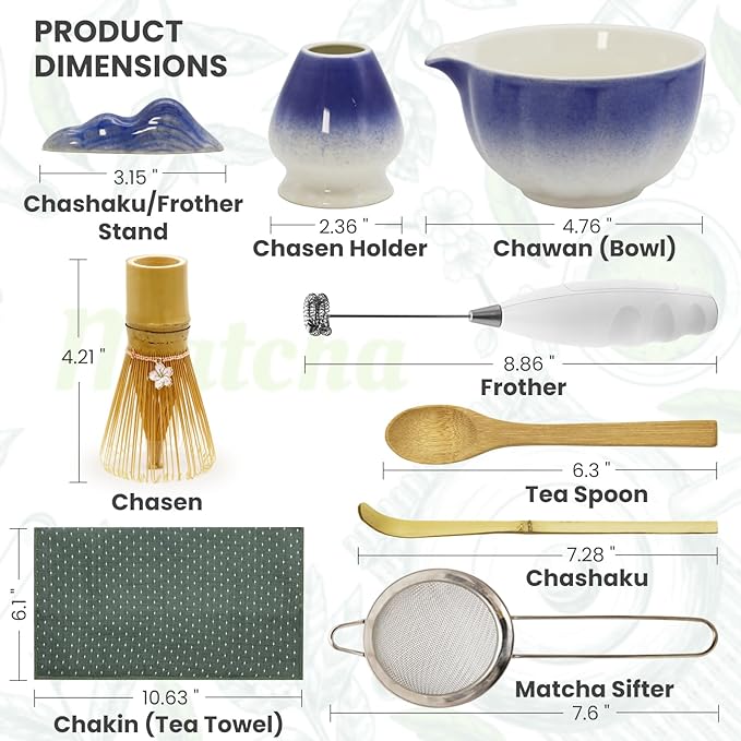 Matcha Whisk Set Incl. Ceramic Bowl With Spout, Whisk (Chasen), Stand, Bamboo Scoop, Sifter, Electric Frother, Tea Towel etc. 9 Pcs Matcha Making Starter Kit, Blue&White