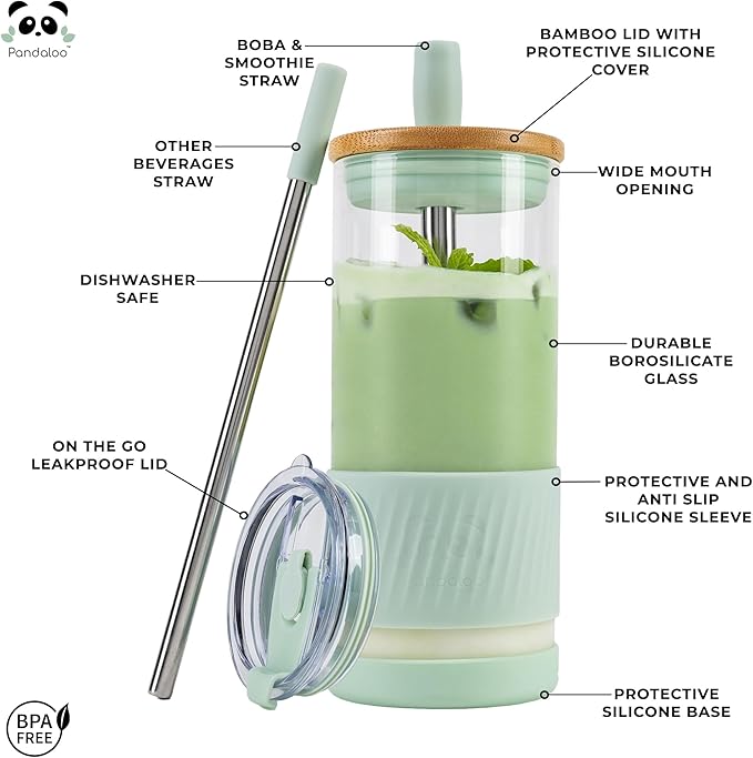 Pandaloo® Glass Cups With Lids and Straws -20 Fl Oz- Perfect Size Iced Coffee Cup - Smoothie Cup With Bamboo Lid and On the go Lid (Sweet Sage, 1 Count (Pack of 1)