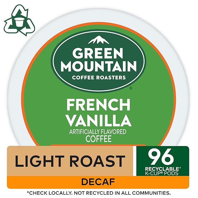 Green Mountain Coffee Roasters French Vanilla Decaf Keurig Single-Serve K-Cup pods, Light Roast Coffee, 96 Count