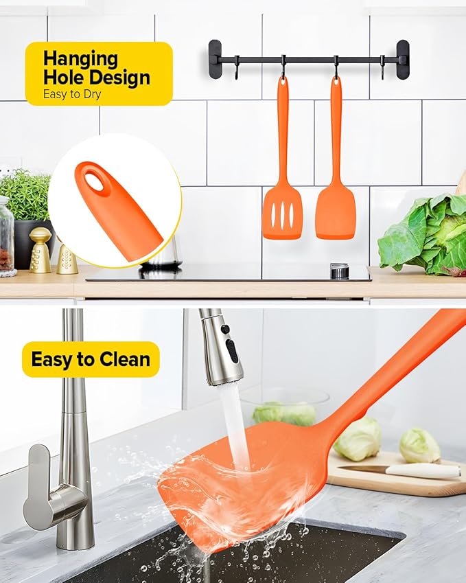 Pack of 2 Silicone Spatula Turners, Non Stick Slotted Kitchen Spatula Set, Heat Resistant BPA Free Kitchen Utensils, One-Piece Design, Suitable for Flipping Fish, Eggs, Steak, Pancakes (ORANGE)