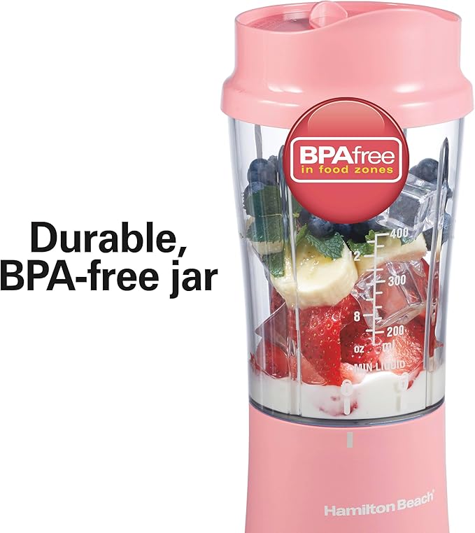 Hamilton Beach Portable Blender for Shakes and Smoothies, 14 Oz BPA Free Travel Cup & Lid, Durable Stainless Steel Blades, Personal Smoothie Blender, Coral (51171)