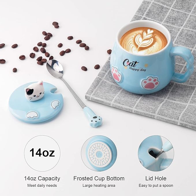 Cute Cat Mug, Novelty Ceramic Coffee Tea Milk Cup with Lovely Kitty Lid, Kawaii Claw Spoon, Anime Coaster, Novelty Things Birthday Christmas Gift for Cat Lovers Women Her, 14 oz, Blue