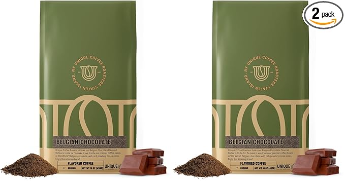 Smooth 'Belgian Chocolate' Flavored Ground Coffee, 1 LB (16 oz) bag, Medium Roast, 100% Arabica Premium Quality Flavor (Pack of 2)
