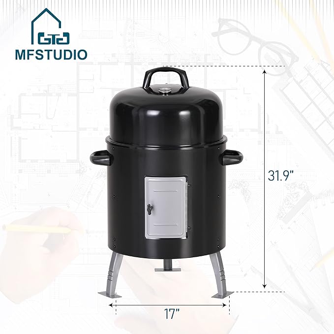 MFSTUDIO 17" Vertical Charcoal Smoker with Thermometer, Integrated Metal Grill Chamber Less Smoke Leak & Heat Loss,Black