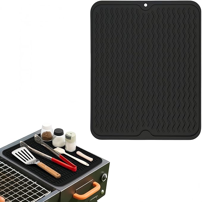 Blackstone Griddle Accessories Silicone Grill Side Shelf Tool Mat, Outdoor BBQ Spatula Mat, with Drip Pad Kitchen Countertop Heat Resistant Mat (Black)