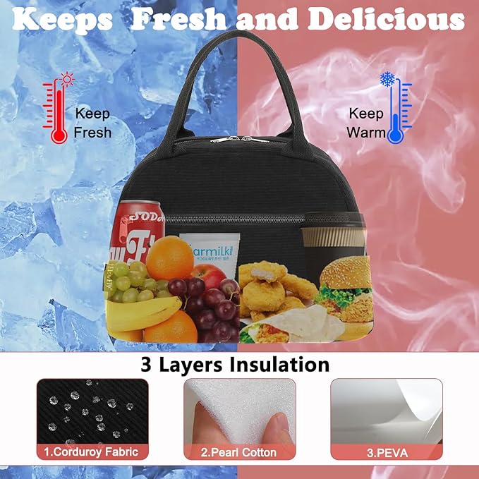 FlowFly Lunch Bag for Women Insulated Lunch Box Corduroy Lunch Tote Cooler for Travel Work Picnic,Corduroy Black