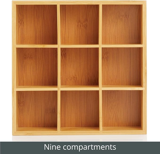 mDesign Bamboo Kitchen Pantry Storage Organizer Box - 9 Divided Sections, Open Top, Decorative Holder for Tea Bags, Snack Packets, Small Items, Accessories, Echo Collection - Natural Wood/Tan