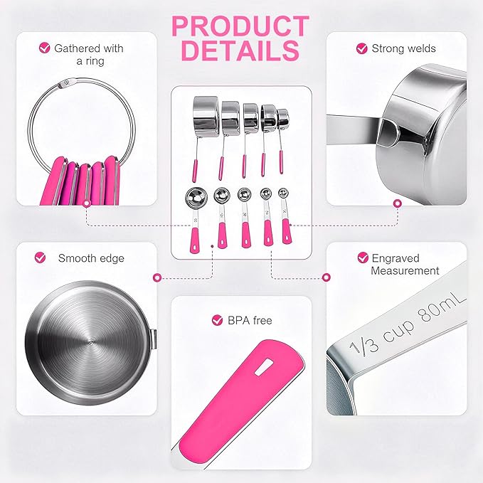 Measuring Cups and Spoons Set Stainless Steel 10 Piece for Cooking and Baking (5 Cups + 5 Spoons, Pink Handle)