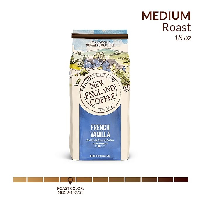New England Coffee French Vanilla Medium Roast Ground Coffee, 18oz Bag (Pack of 1)
