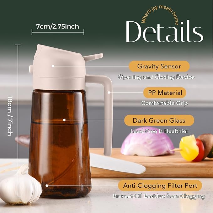 YARRAMATE 16oz/470ml Light Blocking Oil Sprayer for Cooking with Stickers, Food-Grade 2 in 1 Olive Oil Dispenser Bottle for Kitchen,Dark Amber Glass Oil Bottle for Air Fryer, BBQ (LotusRootPink)