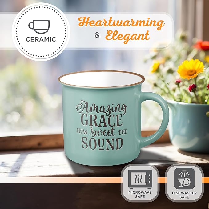 Christian Art Gifts Mint Green Camp Style Ceramic Coffee Mug – 13 oz. Microwave and Dishwasher Safe Novelty Drinkware Inspirational Scripture Coffee and Tea Mug with Worship Hymn Song: Amazing Grace