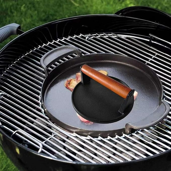 Firsgrill Burger Press 6.6" Round Heavy-Duty Cast Iron Smash Meat Steak with Wood Handle for Blackstone Weber Treager Griddle Grills (YPX) (6.5" Round)