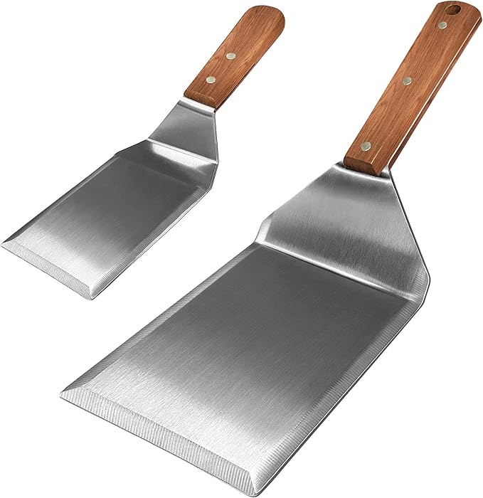 Wooden Steel Barbecue Grill Tool, Griddle Accessories for Blackstone, Multi Kitchen Flippers with Full Tang Handle & Beveled Edges, Spatula/Turner/Scraper for Flat Top Grill- Thicker Steel Blade