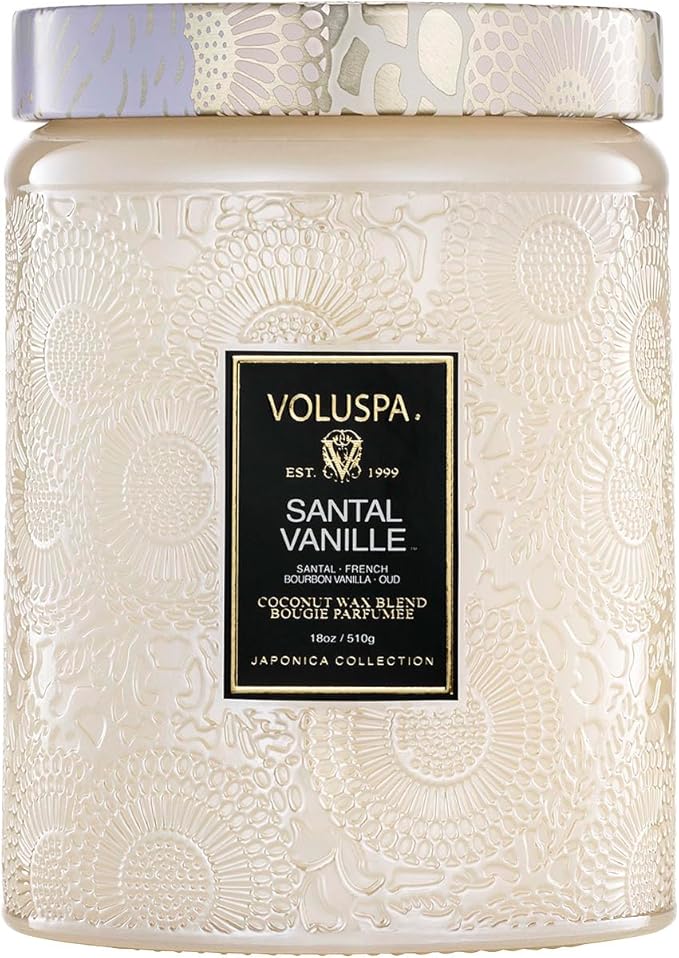 Voluspa Santal Vanille, Large Candle Jar, 18 oz, 100 Hour Burn Time, Coconut Wax for Clean Burning, Handcrafted in the USA