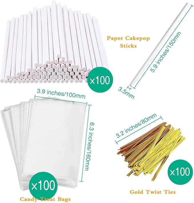 300 PCS Cake Pop Sticks and Wrappers Kit, Including 100ct 6-inch Paper Lollipop Sticks, 100ct Clear Candy Treat Bags Parcel, 100ct Gold Twist Ties for Cakepop, Lollipop, Hard Candy, Suckers, Chocolate