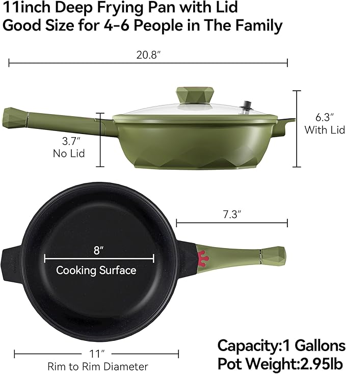 TIBORANG 8 in 1 Multipurpose 11 Inch 5 Quart Heat Indicator Nonstick Deep Frying Pan with Glass Lid,Steamed Grid,PFOA-Free,Dishwasher&Oven Safe,Works with All Stovetops (Olivedrab)