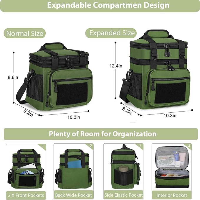 Double Deck Insulated Lunch Box, Expandable Large Lunch Bag Leakproof Cooler Bag Lunch Pail for Men Women Adults Work Shifts Travel Daytrip,16L,Army Green