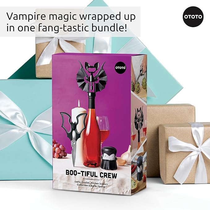 OTOTO Boo-tiful Crew Bundle of Elizabat, Vino, Gracula - Halloween Kitchen Decor Goth Accessories, Cool Kitchen Gadgets, Bat Scissors, Spooky, Witchy Bottle Opener, Garlic Crusher, Spooky Funny Gifts