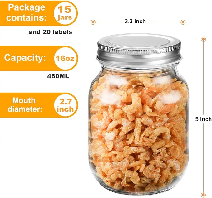 16 oz Mason Jars With Lids Regular Mouth 15 Pack-16oz Glass Jars with Silver Lids,Bulk Pint Clear Glass Jars For Meal Prep, Food Storage With 20 Labels