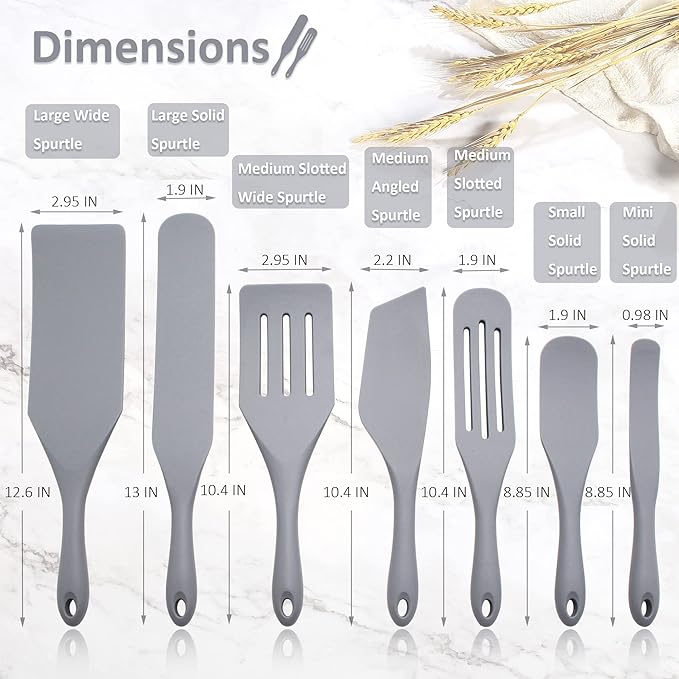 Tongjude Silicone Spurtle Set, Silicone Spatula Set, Heat Resistant Cooking Utensil for Nonstick Cookware, Serving，Baking, Whisking, Smashing, Scooping, Spreading, 8 Piece