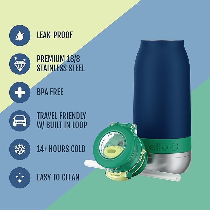 Ello Emma 14oz Vacuum Insulated Stainless Steel Kids Water Bottle with Straw and Built-in Carrying Handle and Leak-Proof Locking Lid for School Backpack, Lunchbox and Outdoor Sports