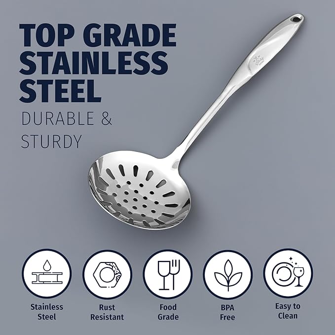 Zulay Kitchen Stainless Steel Slotted Spoon - 14.5” Large Skimmer Frying Spoon for Draining & Serving - Heat-Resistant, Rust-Proof & Dishwasher Safe Kitchen Utensil for Everyday Use