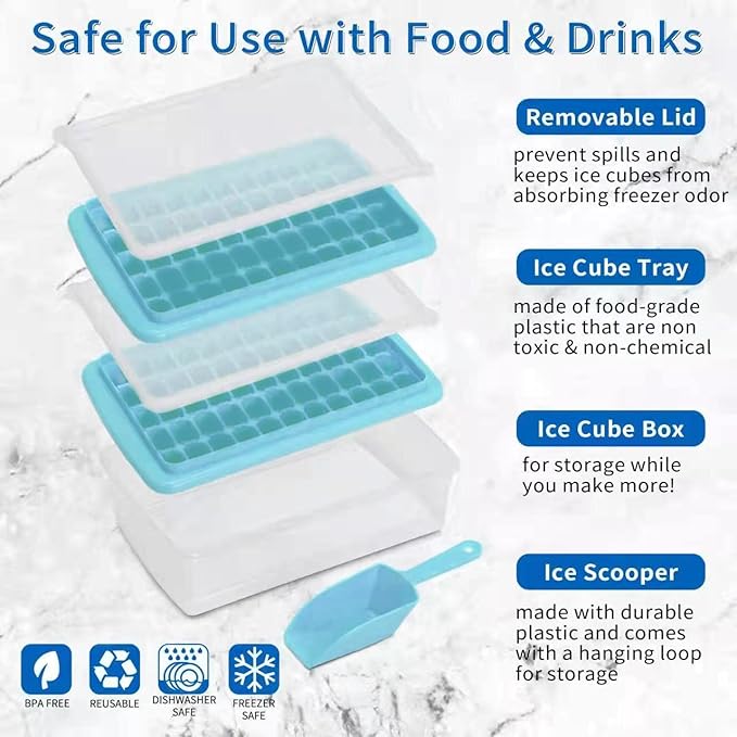 2 Pack Ice Cube Tray with Lid and Bin for Freezer, Easy Release 55 Nugget Ice Tray with Cover, Storage Container, Scoop. Perfect Small Ice Cube Maker Tray & Mold. Flexable Durable Plastic, BPA Free