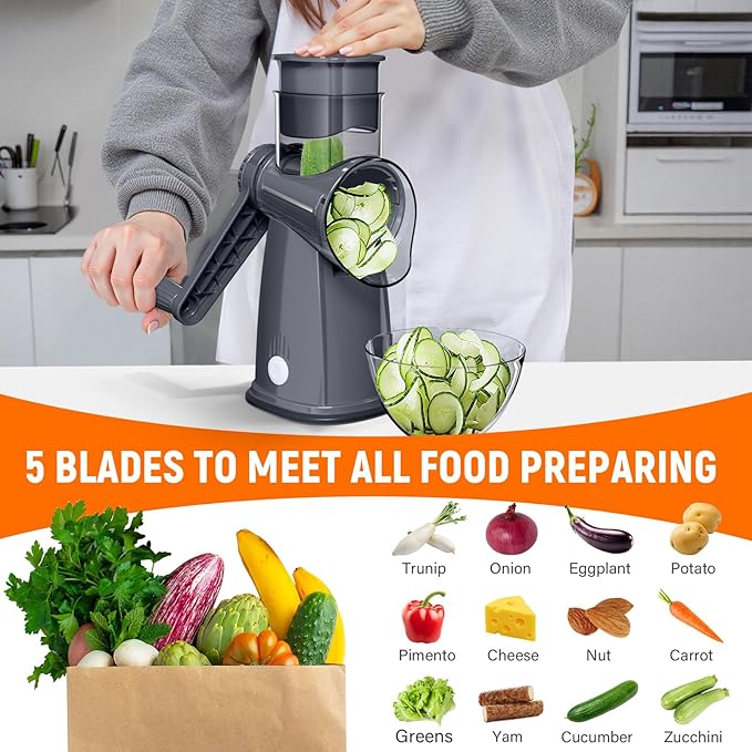 Rotary Cheese Grater Hand Crank with 5 Interchangeable Blades, Vegetable Slicer Chopper for Fruit Vegetable Nuts, Mandoline Slicer for Kitchen with Blades Rack & Suction Base, Grey