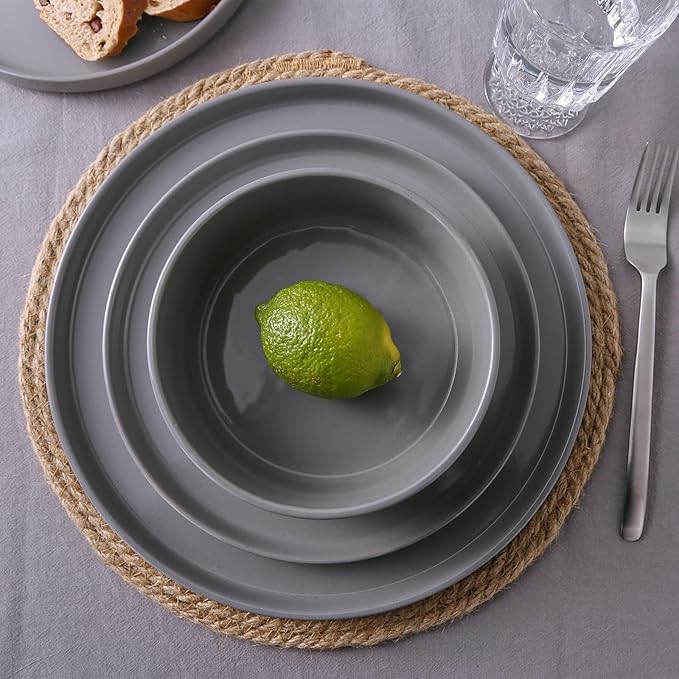 Famiware Nebula Dinnerware Set with Pasta Bowls, Service for 4 (16pcs), Fine Stoneware Plates and Bowls Sets, Microwave and Dishwasher Safe Dishes Set, Dark Gray
