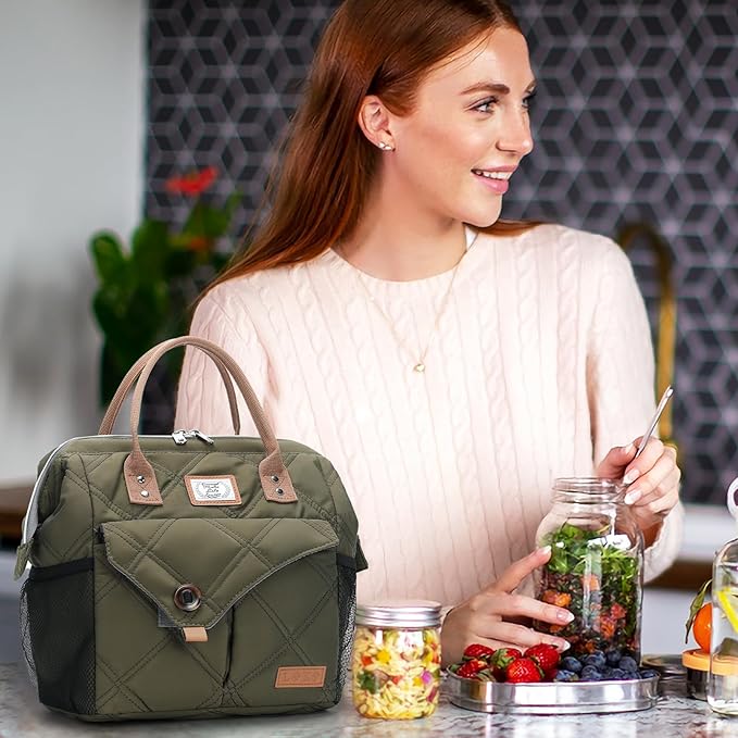 Lekesky Lunch Bag for Women Insulated Lunch Box Leakproof Lunchbox for Adult Work, Quilted Green