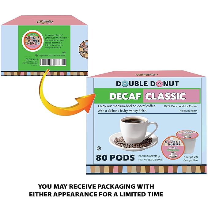 Double Donut Coffee Classic Roast Decaf Coffee, Decaf Medium Roast Coffee, Decaf Pods for Keurig K Cups Machines, Hot or Iced Single Serve Decaffeinated in Recyclable Pods, 80 Count