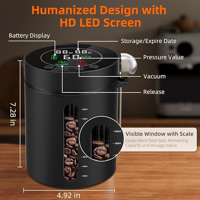 Automatic Vacuum Coffee Canister, 1.3L Airtight Food Storage Containers with Smart Pressure Sensor, Electric Coffee Bean Container Rechargeable with LED Display Window for Home Kitchen Food Storage