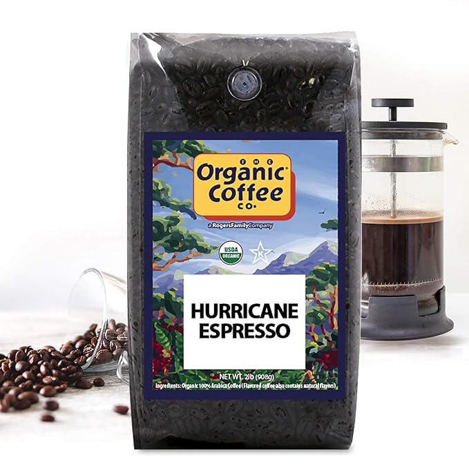 Organic-Coffee Co. Hurricane Espresso Whole Bean Coffee 2LB (32 Ounce) Medium Dark Roast Natural-Water Processed USDA Organic