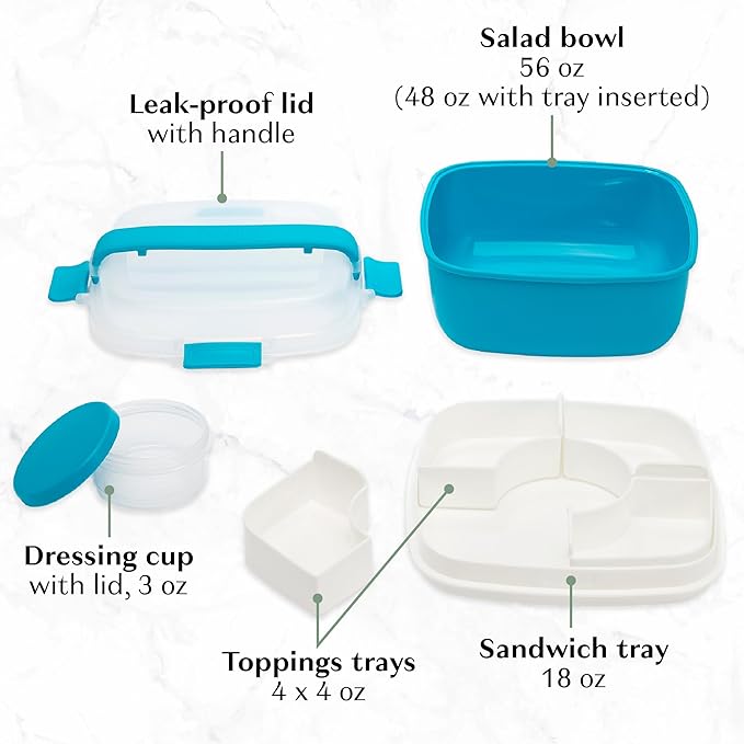 Goodful Stackable Lunch Box Container, Bento Style Food Storage with Removeable Compartments for Sandwich, Snacks, Toppings & Dressing, Leak-Proof and Made without BPA, 56-Ounce, Blue