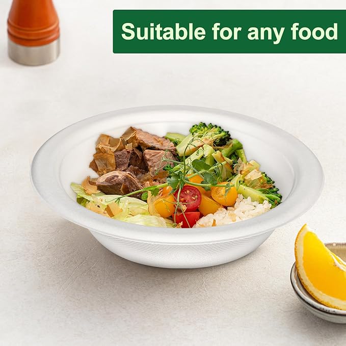 Paper Bowls 12oz, Disposable Bowls Heavy Duty, 250-Pack 100% Compostable Disposable Soup Bowl, Biodegradable Bagasse Hot Food Plates and Bowls -White